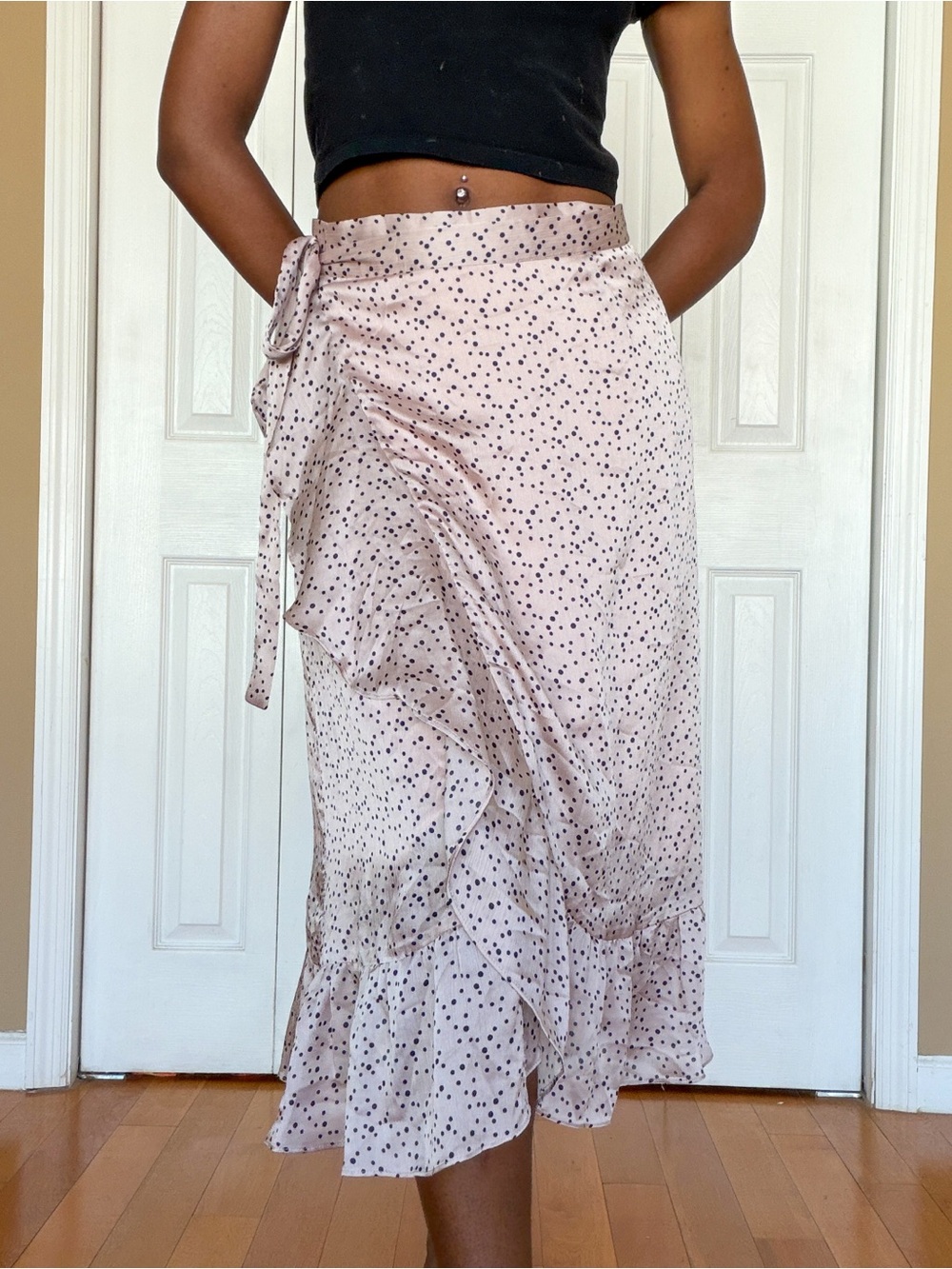 Soft Blush Polka Dot Wrap Midi Skirt with Ruffle